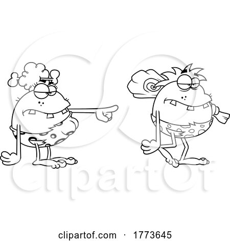 Cartoon Black and White Caveman Being Ordered to Hunt by His Cavewoman Wife by Hit Toon