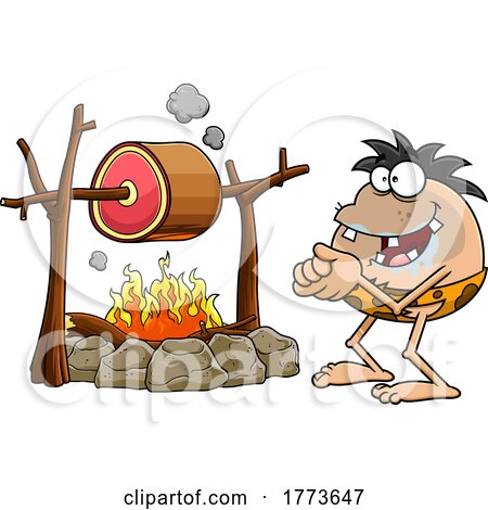 Cartoon Hungry Drooling Caveman Cooking Meat over a Fire by Hit Toon
