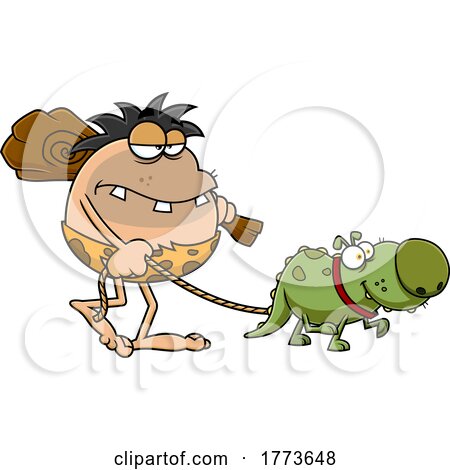Cartoon Caveman Walking a Pet Dinosaur by Hit Toon
