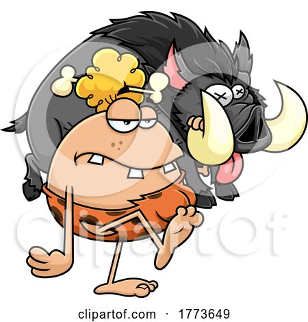 Cartoon Cavewoman Hunter Carrying a Dead Boar by Hit Toon