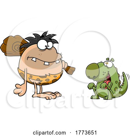 Cartoon Caveman and Begging Pet Dinosaur by Hit Toon