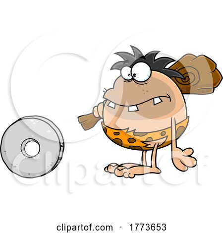 Cartoon Caveman Looking at a Wheel by Hit Toon
