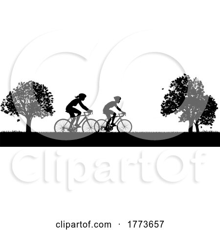 Silhouette Cyclist People on Bicycle Bikes in Park by AtStockIllustration