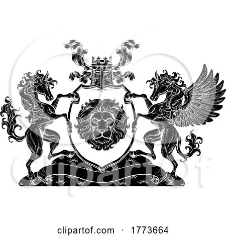 Crest Pegasus Horse Coat of Arms Lion Shield Seal by AtStockIllustration
