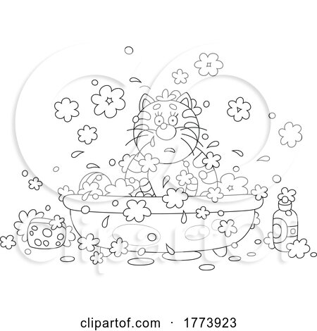 Cartoon Black and White Cat Taking a Bath by Alex Bannykh