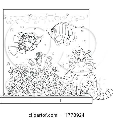 Cartoon Black and White Cat Watching Fish in a Tank by Alex Bannykh