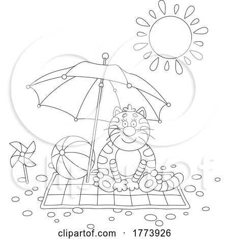 Cartoon Black and White Cat Sitting Under a Beach Parasol by Alex Bannykh