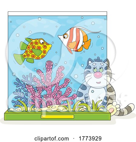 Cartoon Cat Watching Fish in a Tank by Alex Bannykh