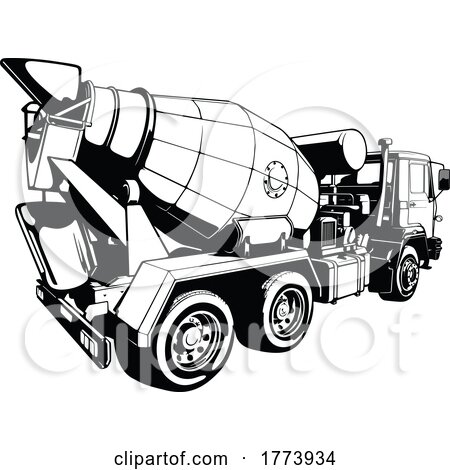 Black and White Rear View of a Concrete Mixer Truck by dero
