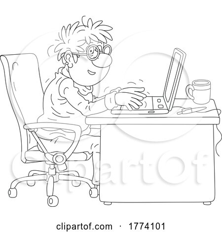 Cartoon Black and White Author Typing at a Desk by Alex Bannykh