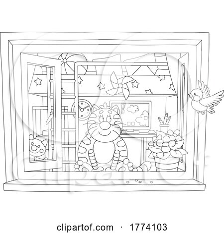Cartoon Black and White Cat Bird Watching in a Window by Alex Bannykh