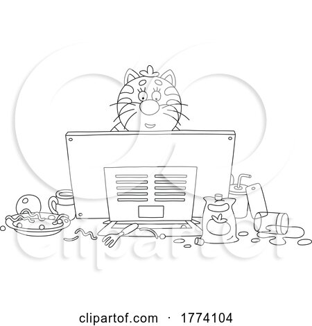 Cartoon Black and White Messy Cat Watching TV by Alex Bannykh