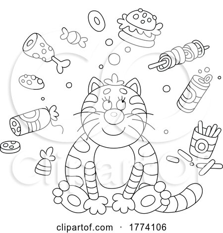 Cartoon Black and White Happy Fat Cat Thinking About Food by Alex Bannykh