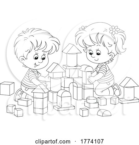 Cartoon Black and White Children Playing with Building Blocks by Alex Bannykh