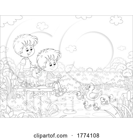 Cartoon Black and White Dog Watching Boys Feed Ducks at a Pond by Alex Bannykh