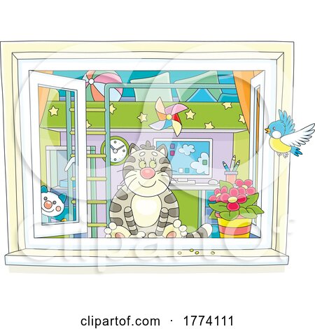 Cartoon Cat Bird Watching in a Window by Alex Bannykh