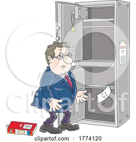 Cartoon Businessman Discovering a Safe Vault with Missing Items by Alex Bannykh