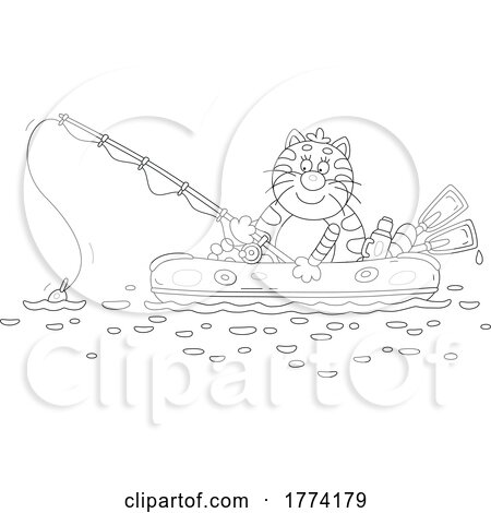 Cartoon Black and White Chubby Cat Fishing in a Raft by Alex Bannykh