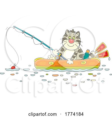 Cartoon Chubby Cat Fishing in a Raft by Alex Bannykh
