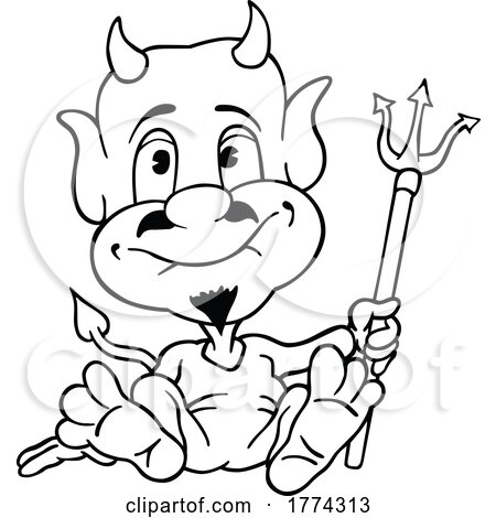 Cartoon Black and White Sitting Devil with a Trident by dero