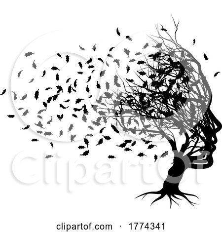 Optical Illusion Tree Face with Leaves Blowing by AtStockIllustration