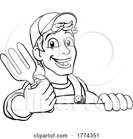 Gardener Garden Fork Tool Handyman Cartoon Man by AtStockIllustration