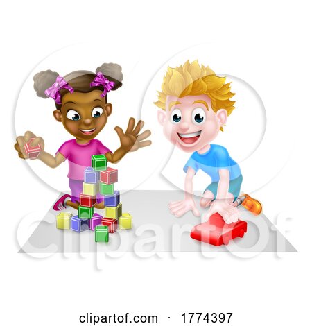 Cartoon Boy and Girl Playing with Car and Blocks by AtStockIllustration