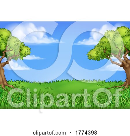 Grass Field Park Background with Trees Landscape by AtStockIllustration