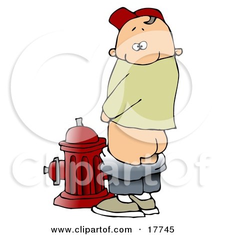Mischievious Caucasian Boy Baring His Buns While Urinating On a Fire Hydrant And Looking Back At The Viewer Clipart Illustration by djart