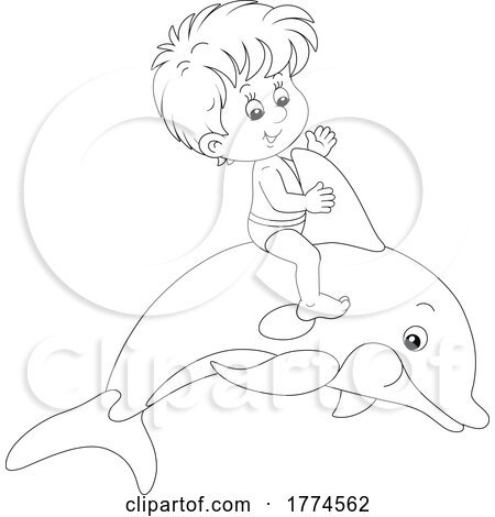 Cartoon Black and White Boy Riding a Dolphin by Alex Bannykh