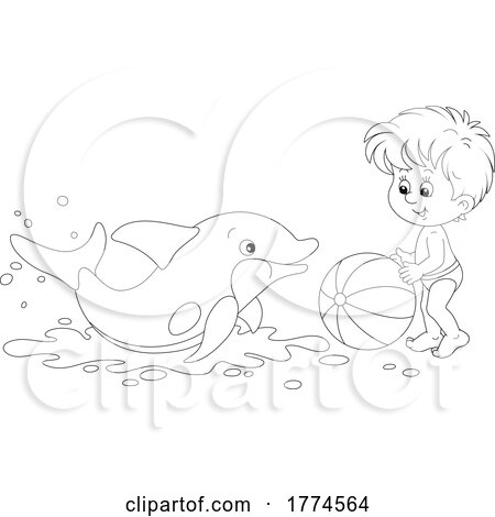 Cartoon Black and White Boy and Dolphin Playing with a Beach Ball by Alex Bannykh
