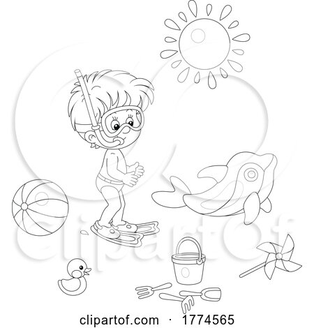 Cartoon Black and White Boy Playing with Beach Toys by Alex Bannykh