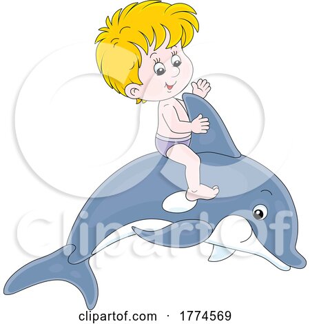 Cartoon Boy Riding a Dolphin by Alex Bannykh