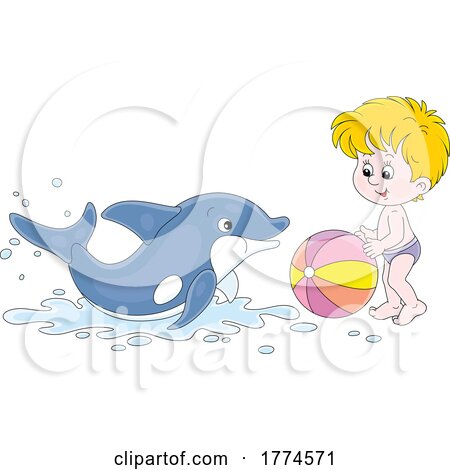 Cartoon Boy and Dolphin Playing with a Beach Ball by Alex Bannykh