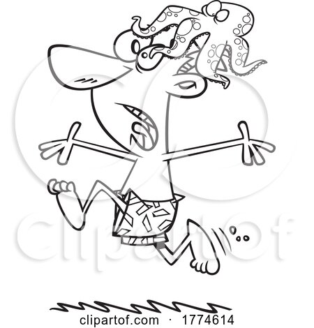 Cartoon Male Swimmer Running with a Octopus on His Head by toonaday