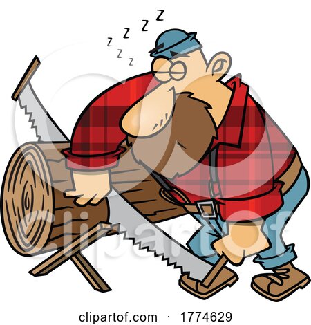 Cartoon Lumberjack Snoring and Sawing Logs by toonaday