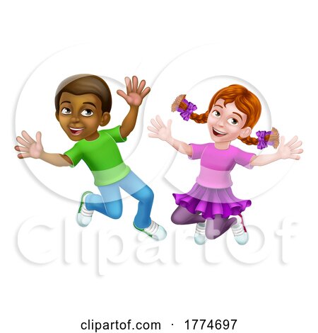 Jumping Girl and Boy Kids Children Cartoon by AtStockIllustration