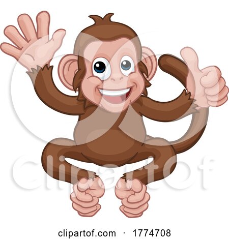 Monkey Cartoon Animal Waving and Giving Thumbs up by AtStockIllustration