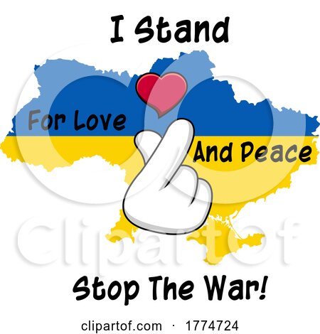 Cartoon Ukrainian Map with a Hand Heart and I Stand for Love and Peace Stop the War Text by Hit Toon