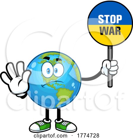 Cartoon Earth Mascot Gesturing and Holding a Ukrainian Sign That Says Stop War by Hit Toon