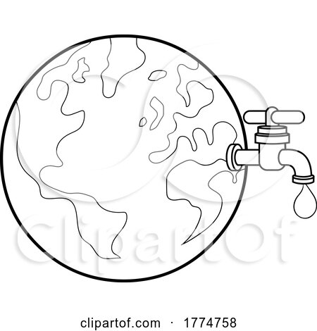 Black and White Cartoon Earth with a Water Faucet by Hit Toon