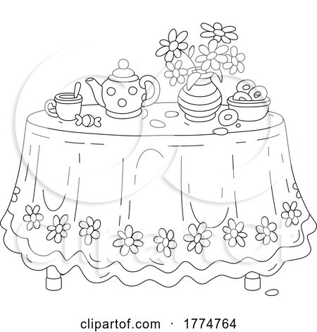 Cartoon Black and White Spring Table with Tea Flowers and Donuts by Alex Bannykh
