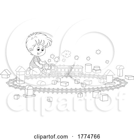 Cartoon Black and White Boy Playing with a Train Set by Alex Bannykh