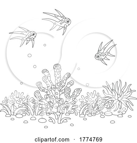 Cartoon Black and White Fish and Coral by Alex Bannykh