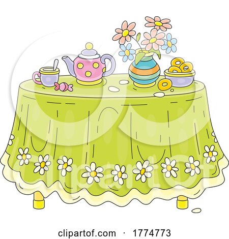 Cartoon Spring Table with Tea Flowers and Donuts by Alex Bannykh