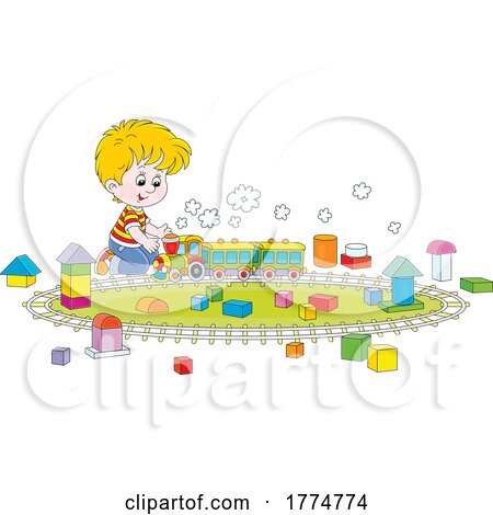 Cartoon Boy Playing with a Train Set by Alex Bannykh