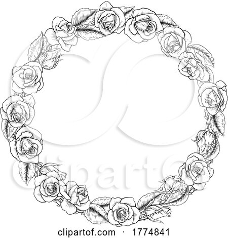 Roses Woodcut Vintage Style Flower Circle Wreath by AtStockIllustration