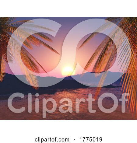 3D Tropical Landscape with Palm Trees Against a Sunset Ocean by KJ Pargeter