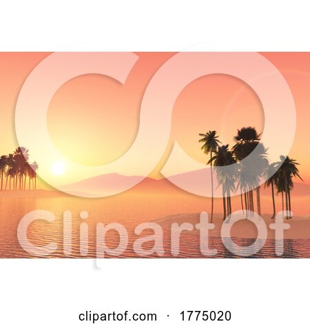 3D Tropical Landscape with Palm Trees Against a Sunset Sky by KJ Pargeter