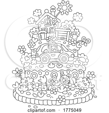 Cartoon Black and White Village Themed Birthday Cake with Cats House Garden and Cars by Alex Bannykh